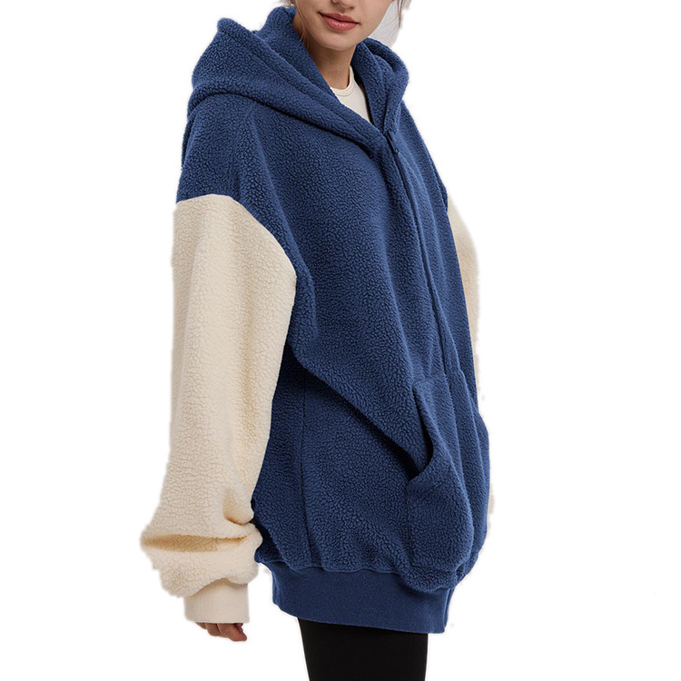 High Quality Windproof Contrast-Trim Hooded Terry Oversized Zipper Long Women's Jackets With Kangaroo Pockets