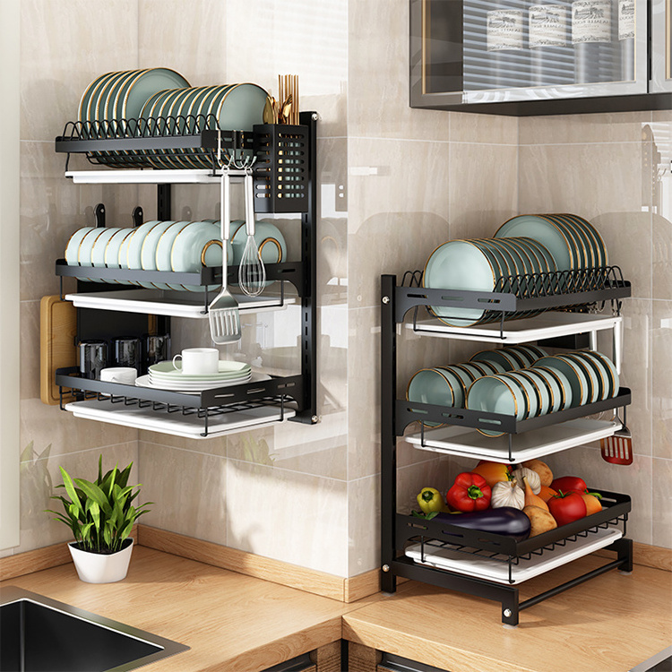 Stainless steel kitchenware storage shelves over sink dish drying rack