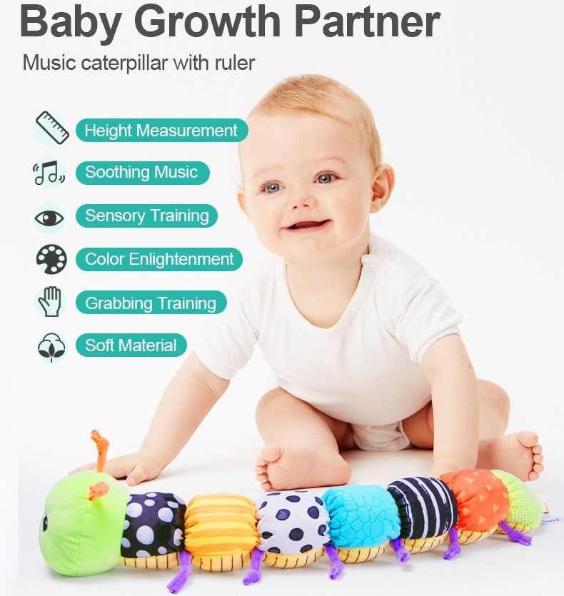 Sozzy custom Sensory Animal soothing caterpillar Rattles Crinkle musical Tummy Time Toys with Ruler