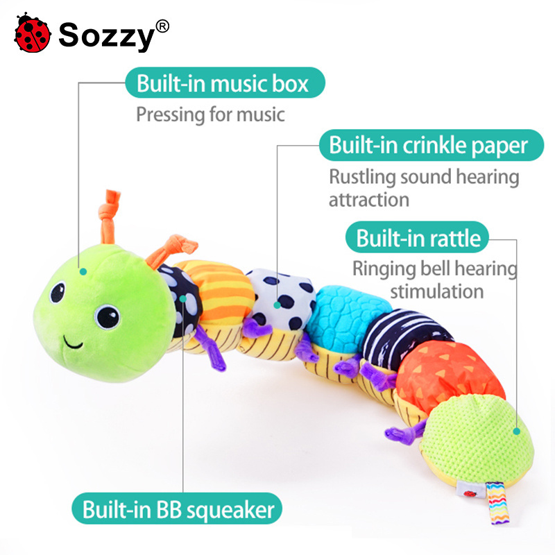 Sozzy custom Sensory Animal soothing caterpillar Rattles Crinkle musical Tummy Time Toys with Ruler