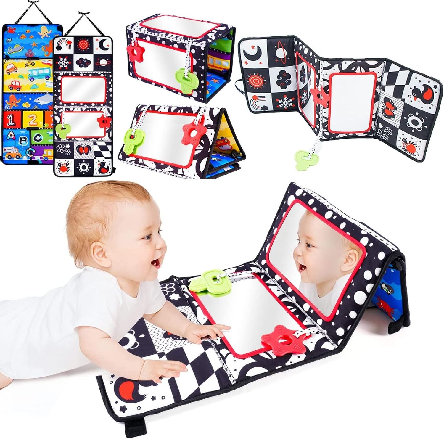 Baby Sensory Educational Black White Toy Crinkle Fabric Teethers Baby folding collapsible Tummy Time Mirror