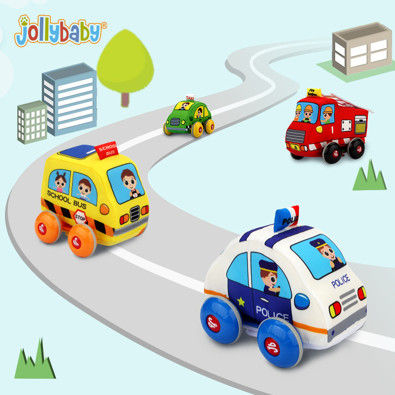 Jollybaby EN71 custom cartoon police car school bus plush toy baby pull back car soft stuffed car toys