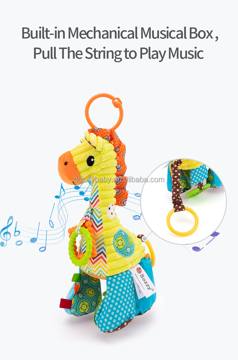 Custom Animals Baby soft stroller car seat giraffe pull string musical sensory soothing dolls with music hanging baby plush toys