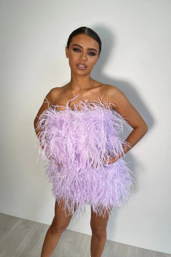 Factory wholesale strapless sexy party evening night off shoulder bodycon full ostrich pink feather dress