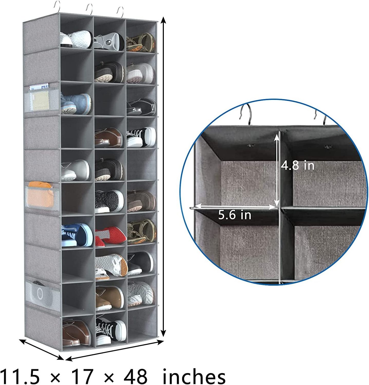 Custom Space Saving Shoe Rack Holder Hanger,Hanging Shoe Shelves Closet Organizer with 30 Section,6 Mesh Pockets