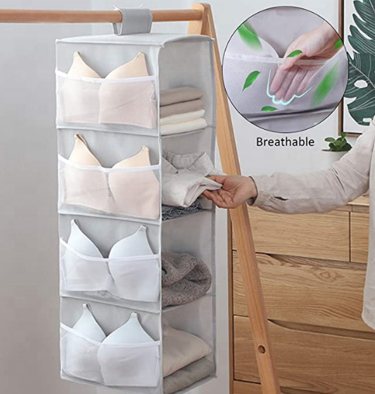 2022 New Arrival Collapsible Hanging Storage Bag 4-Shelf Hanging Closet Storage Organizer with Mesh Pockets