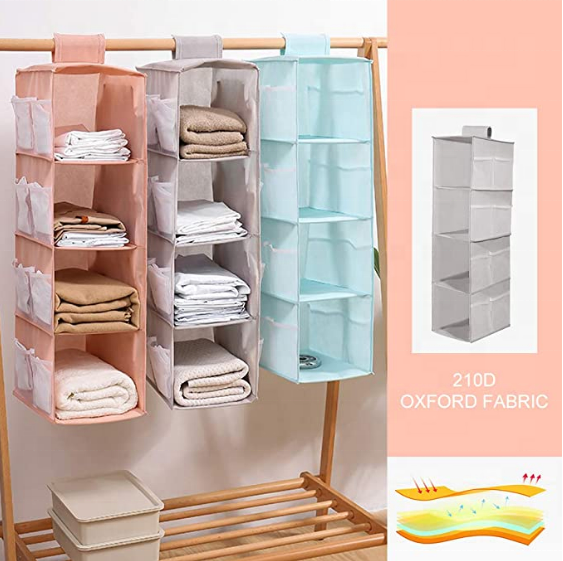 2022 New Arrival Collapsible Hanging Storage Bag 4-Shelf Hanging Closet Storage Organizer with Mesh Pockets