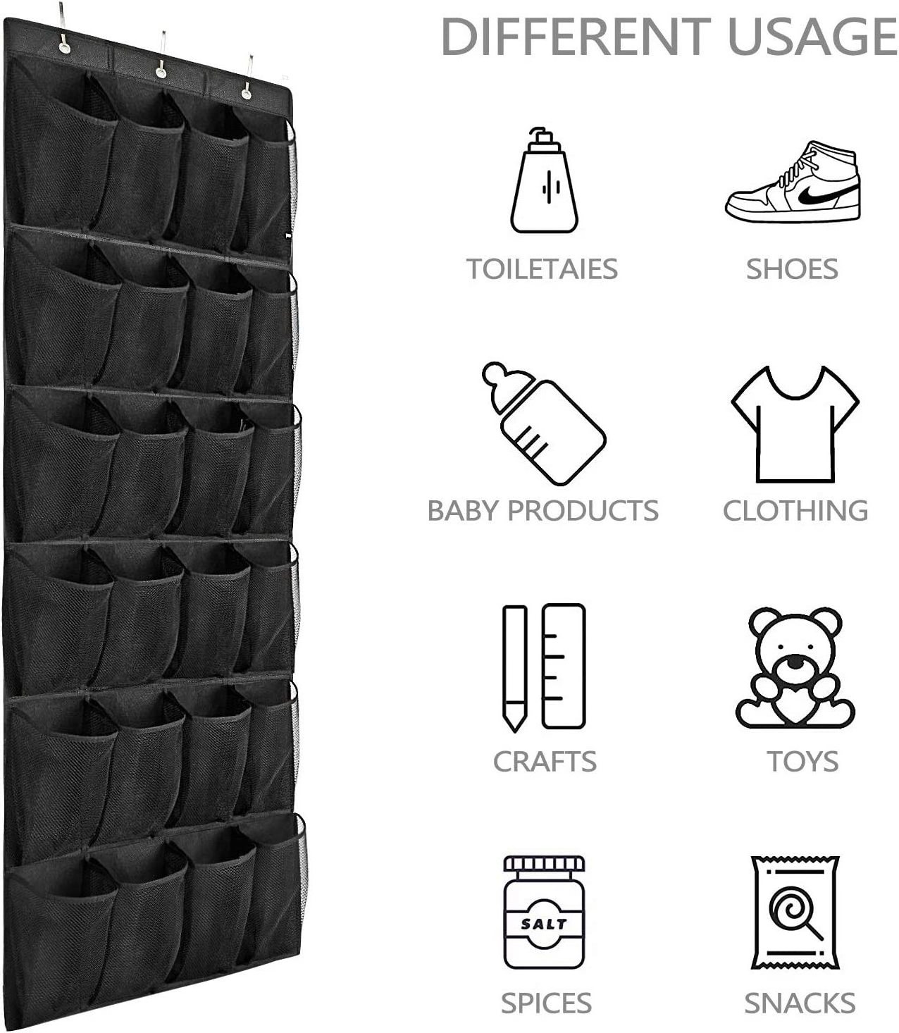 Over The Door Shoe Storage with 24 Large Mesh Pockets Hanging Closet Holder Hanger Storage Rack (Black)