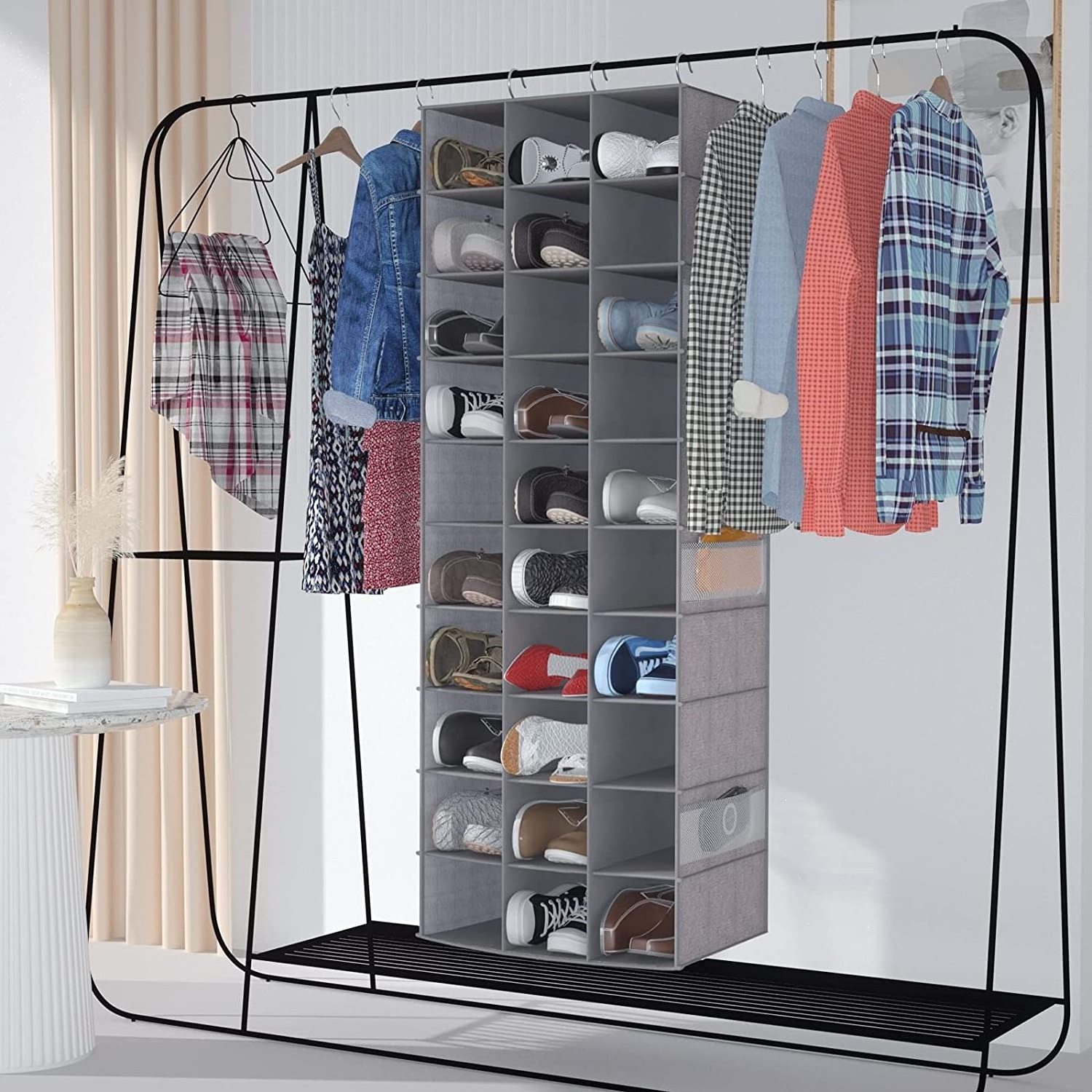 Custom Space Saving Shoe Rack Holder Hanger,Hanging Shoe Shelves Closet Organizer with 30 Section,6 Mesh Pockets