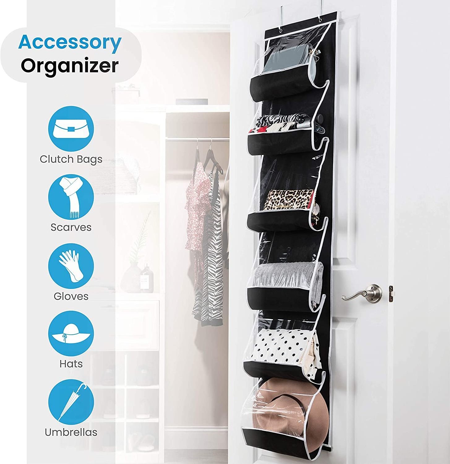 Over The Door Storage Handbag Purse Organizer with 6 Easy Access Deep Pockets Durable Metal Hooks for Scarf Umbrella