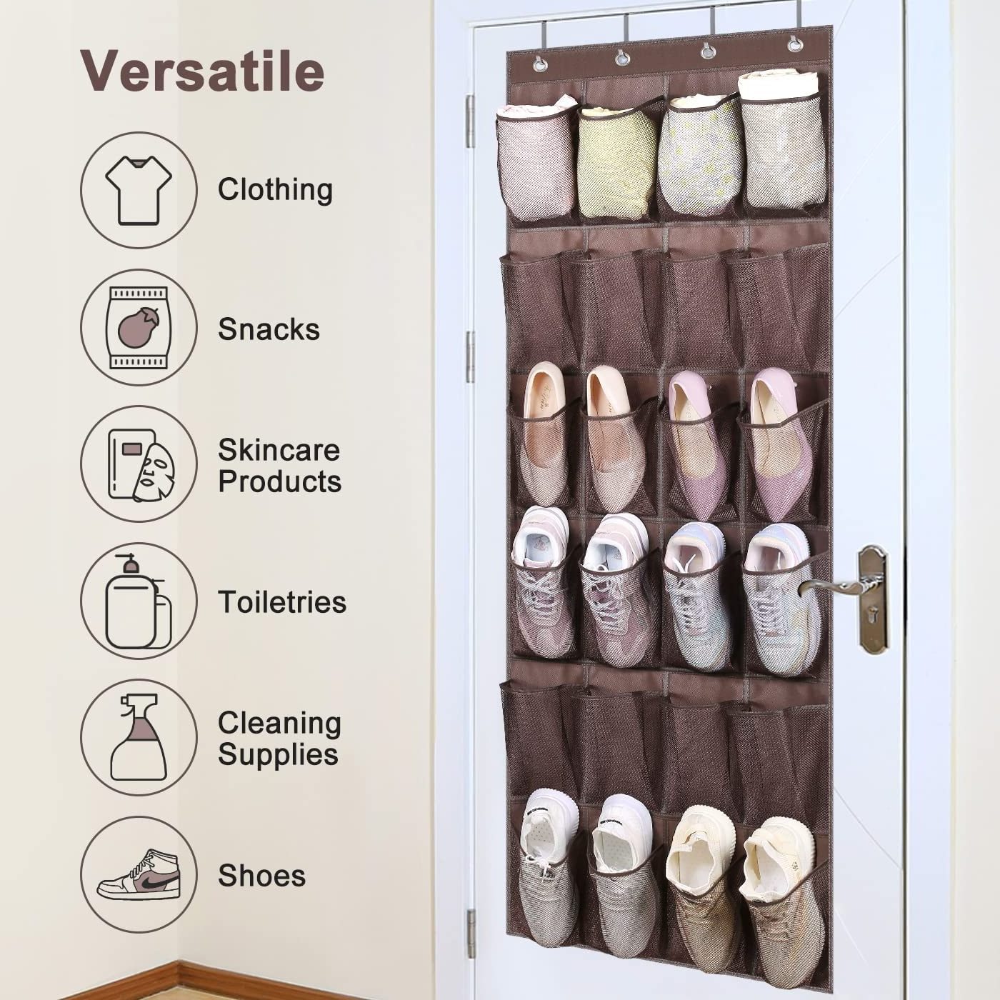 Over The Door Shoe Storage Hanging Closet Organizer Hanger Storage Rack with Large Mesh Pockets Storage Bags Fabric Foldable Tan