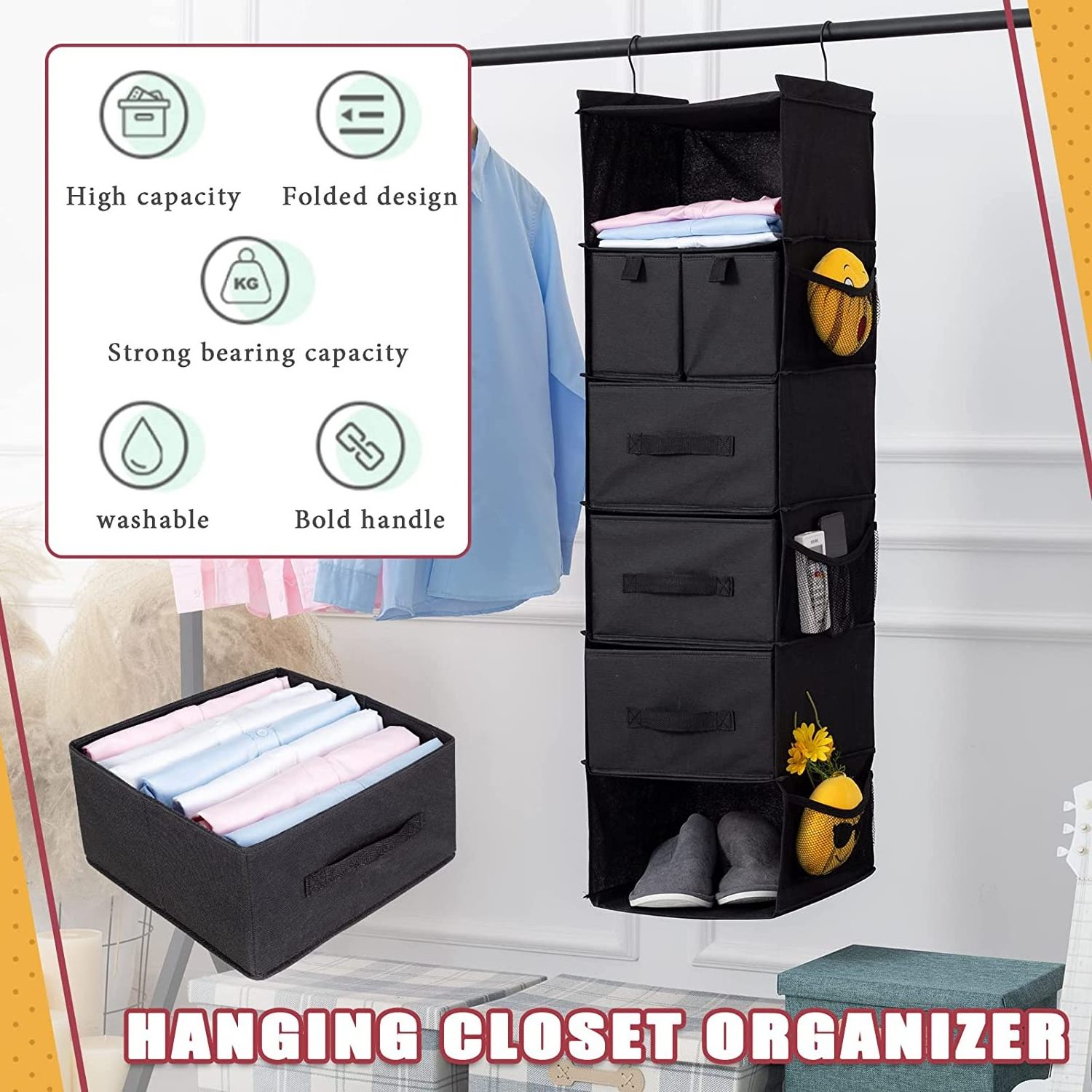 6-Shelves Hanging Closet Organizer with 5 Different Drawers for Wardrobe Clothes Organizer Home Organization Items