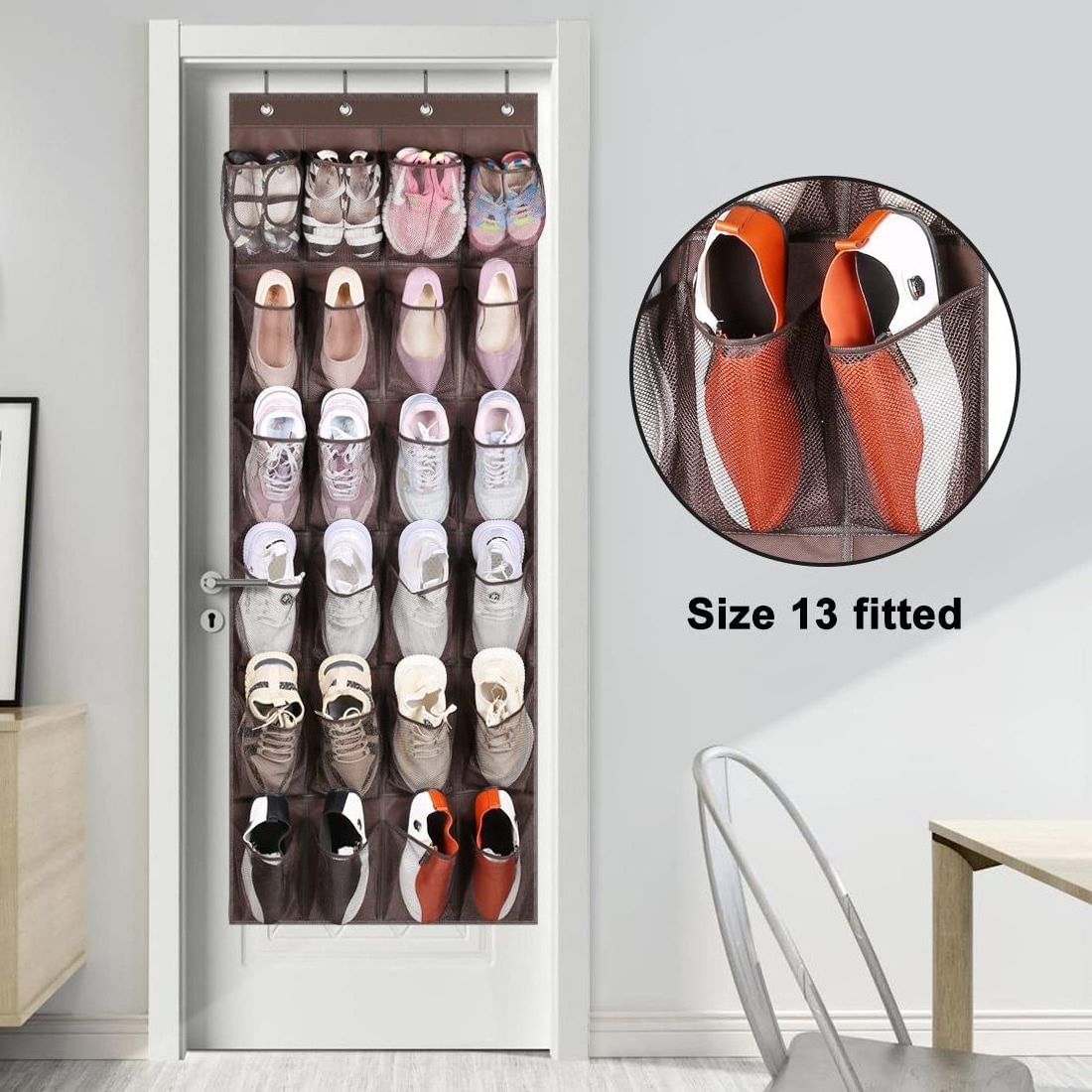 Over The Door Shoe Storage Hanging Closet Organizer Hanger Storage Rack with Large Mesh Pockets Storage Bags Fabric Foldable Tan