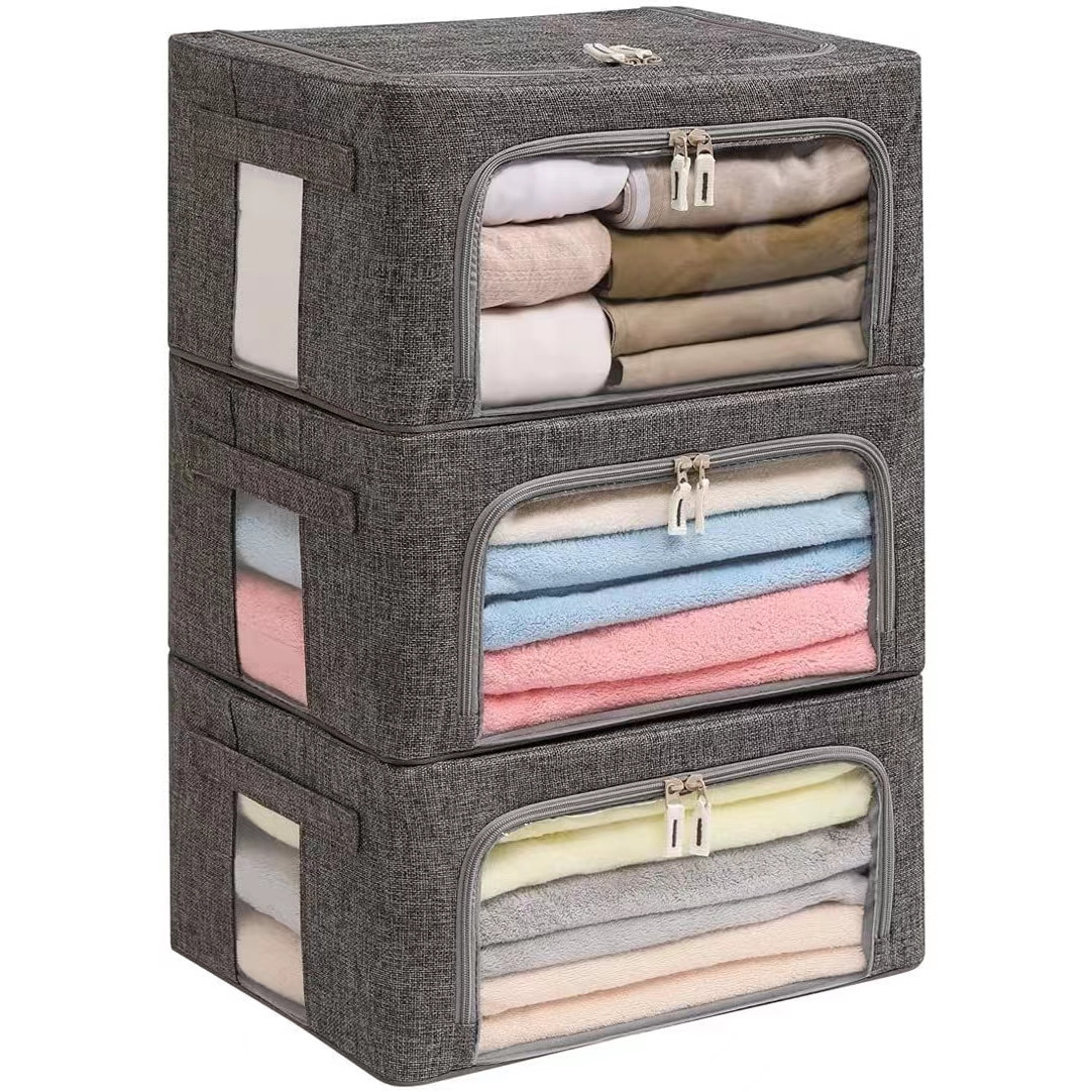 Foldable Bag Organizer Storage Bins - Fabric Stackable Storage Box with Frame for Clothes Container Organizer with Clear Window