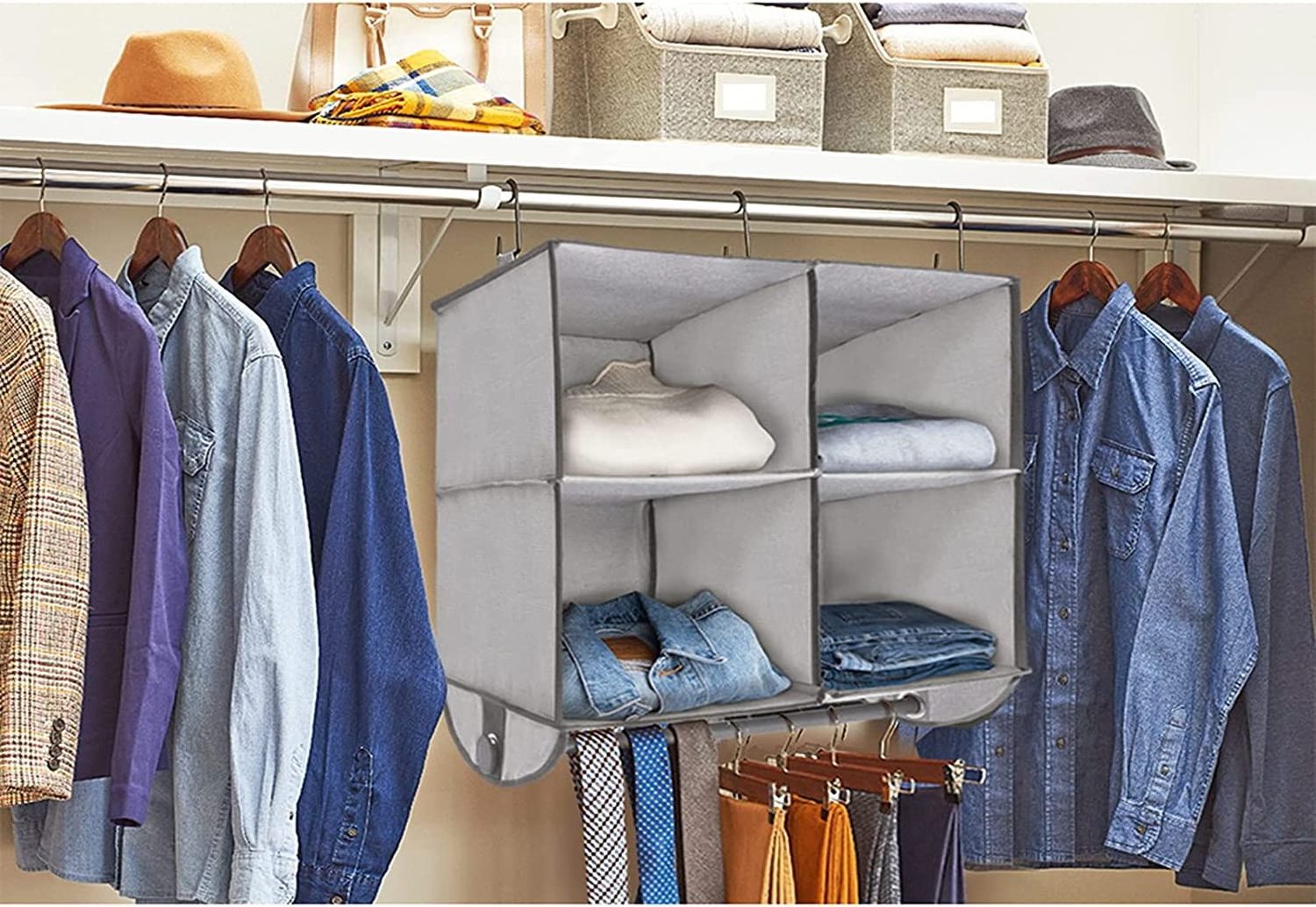 Houseware with Garment Rod and 3 Metal Hooks for Home Storage & Organization Household Items 4-Shelf Hanging Closet Organizer