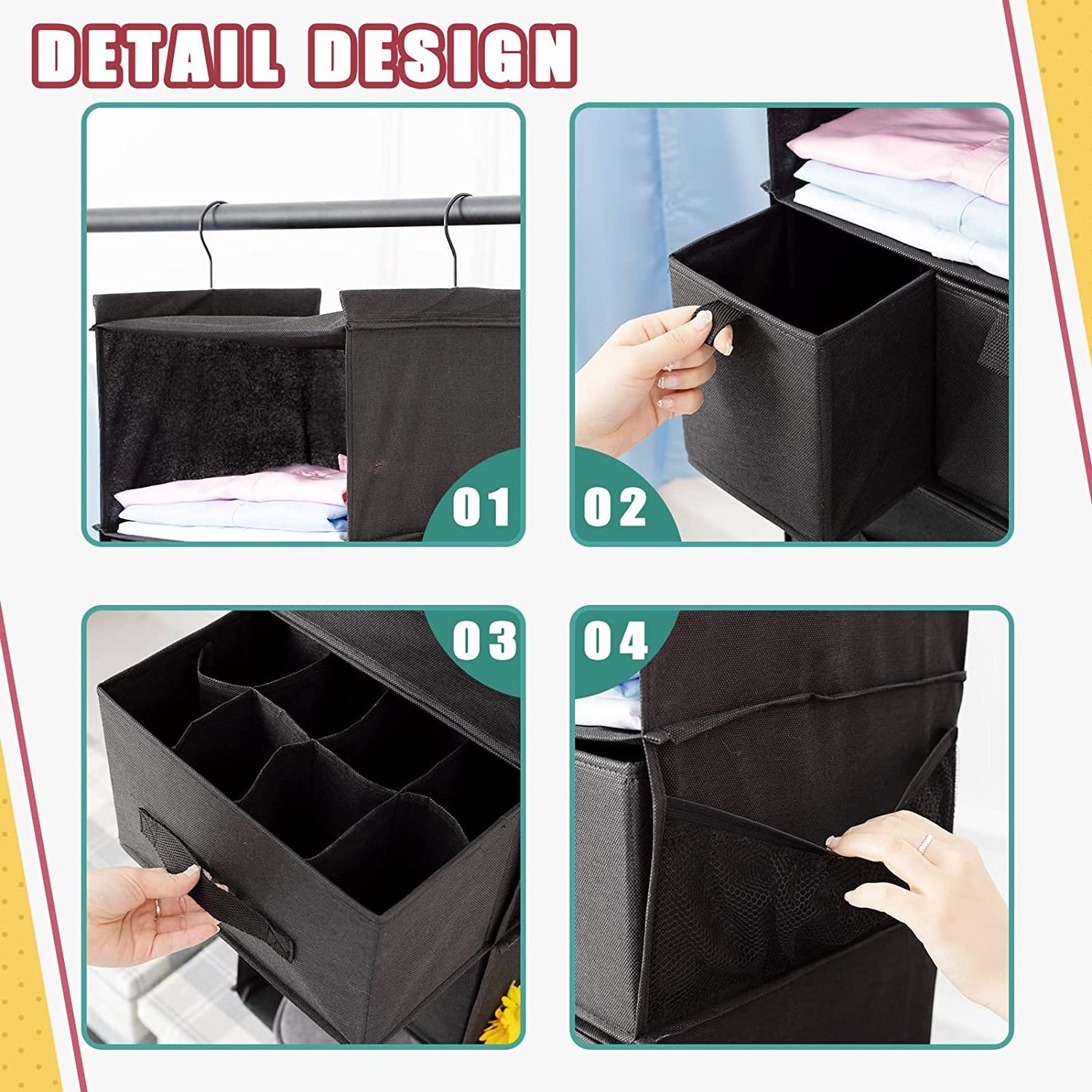 6-Shelves Hanging Closet Organizer with 5 Different Drawers for Wardrobe Clothes Organizer Home Organization Items