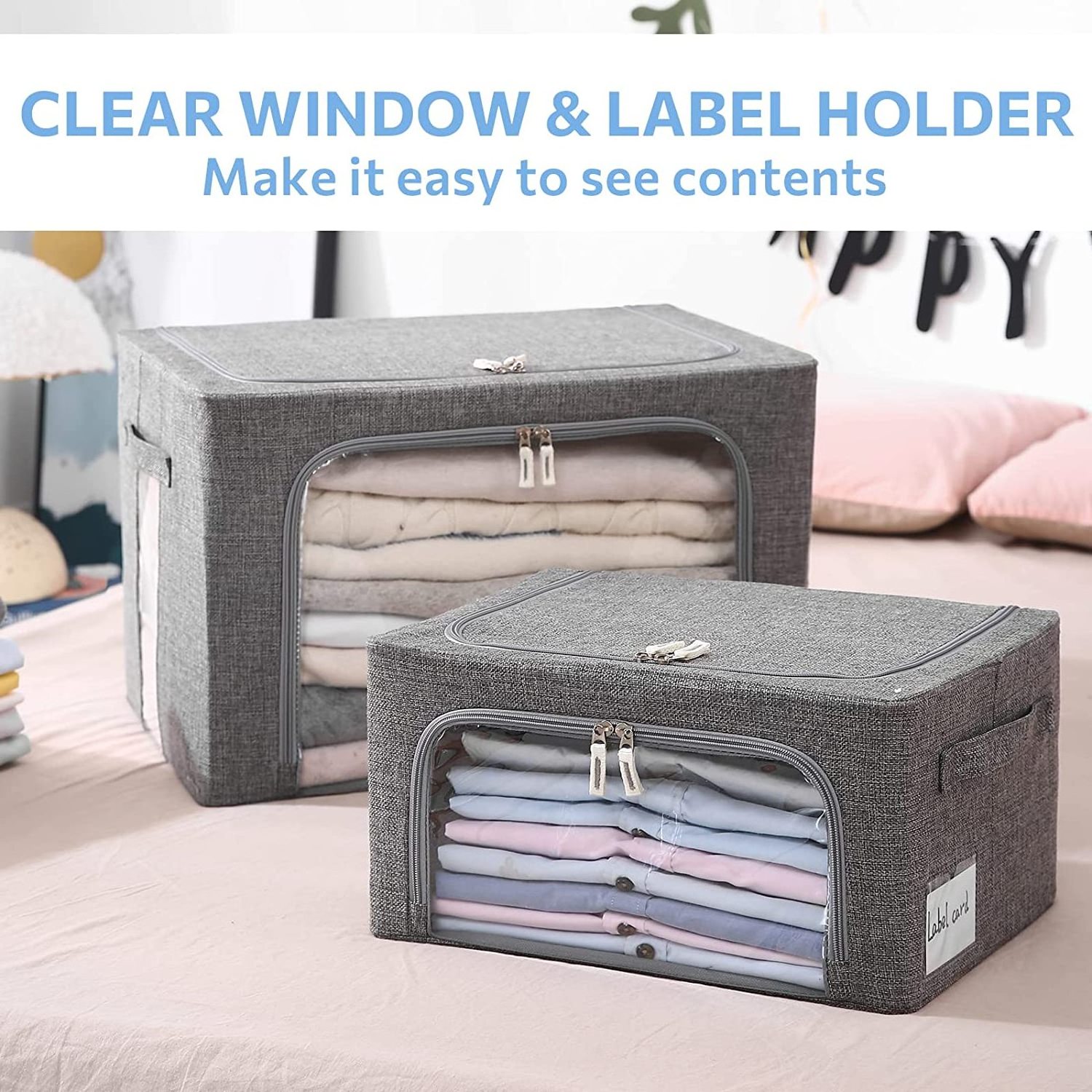 Foldable Bag Organizer Storage Bins - Fabric Stackable Storage Box with Frame for Clothes Container Organizer with Clear Window