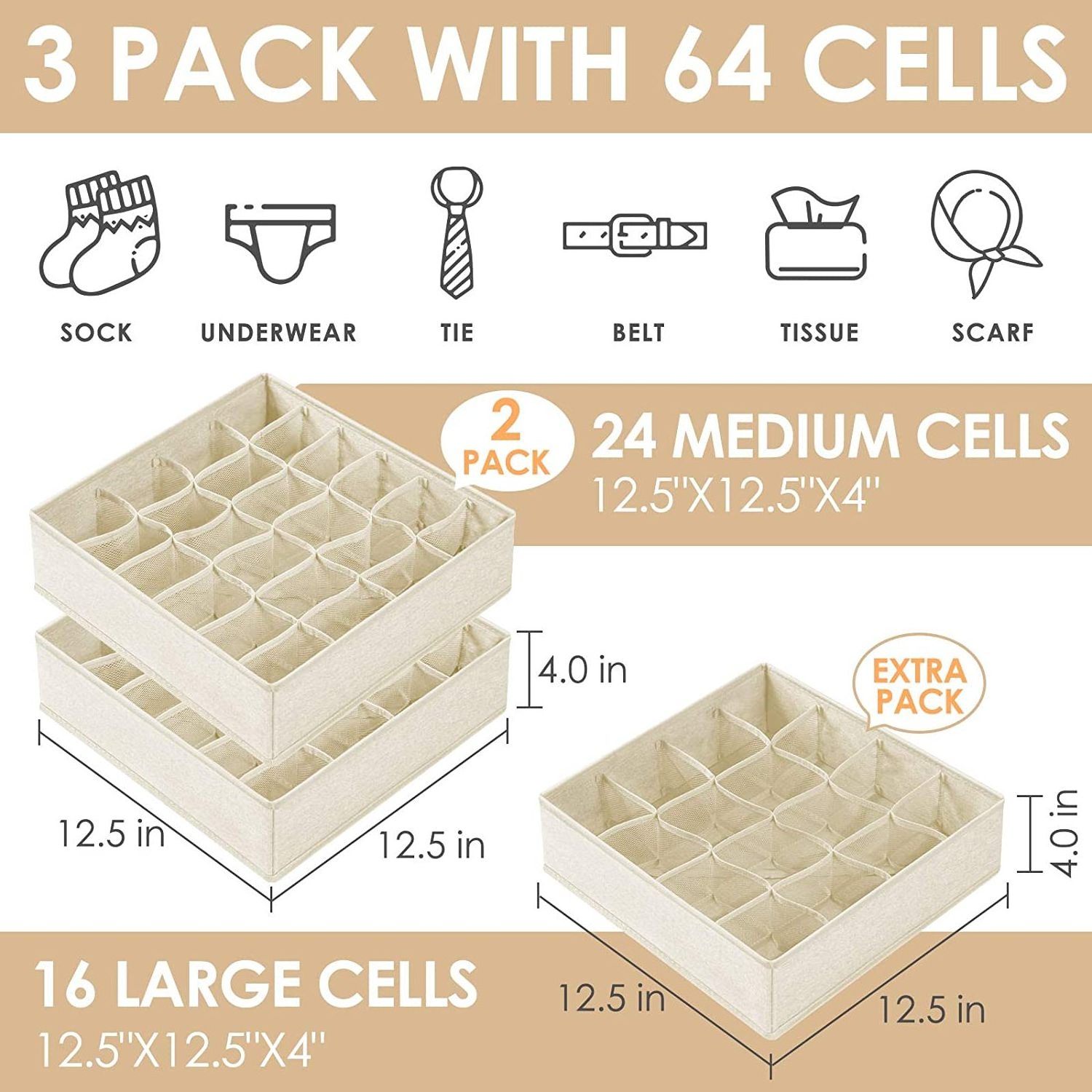 3 Pack Sock Underwear Organizer Dividers, 64 Cell Fabric Foldable Closet Organizers and Cabinet Storage Box for Ties Underwear