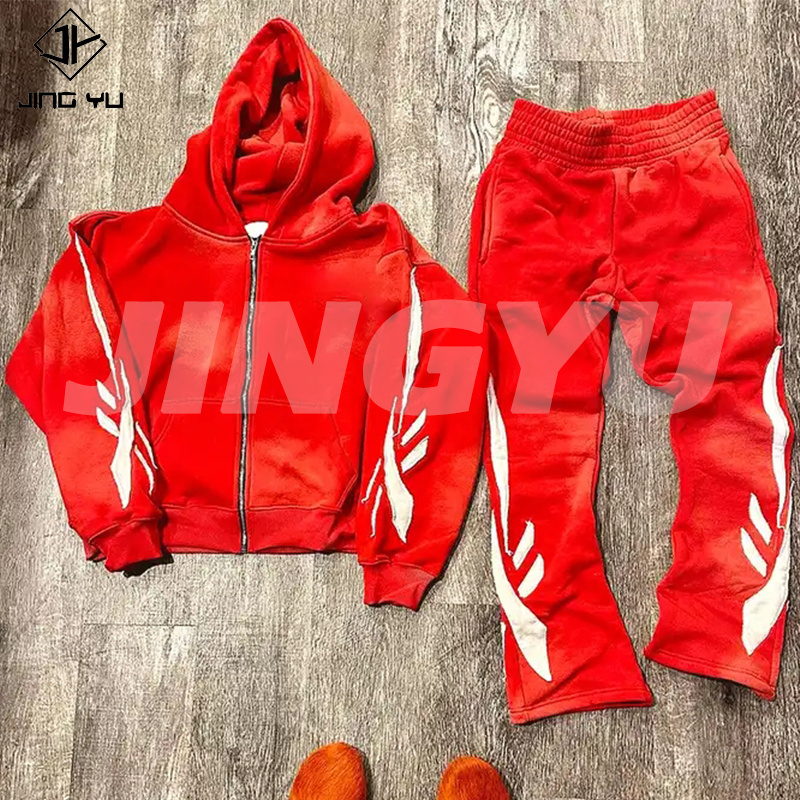 400 Gsm mens track suit sets custom vintage stacked sweatsuits flare acid wash sweat suits sweatpants and hoodie set men