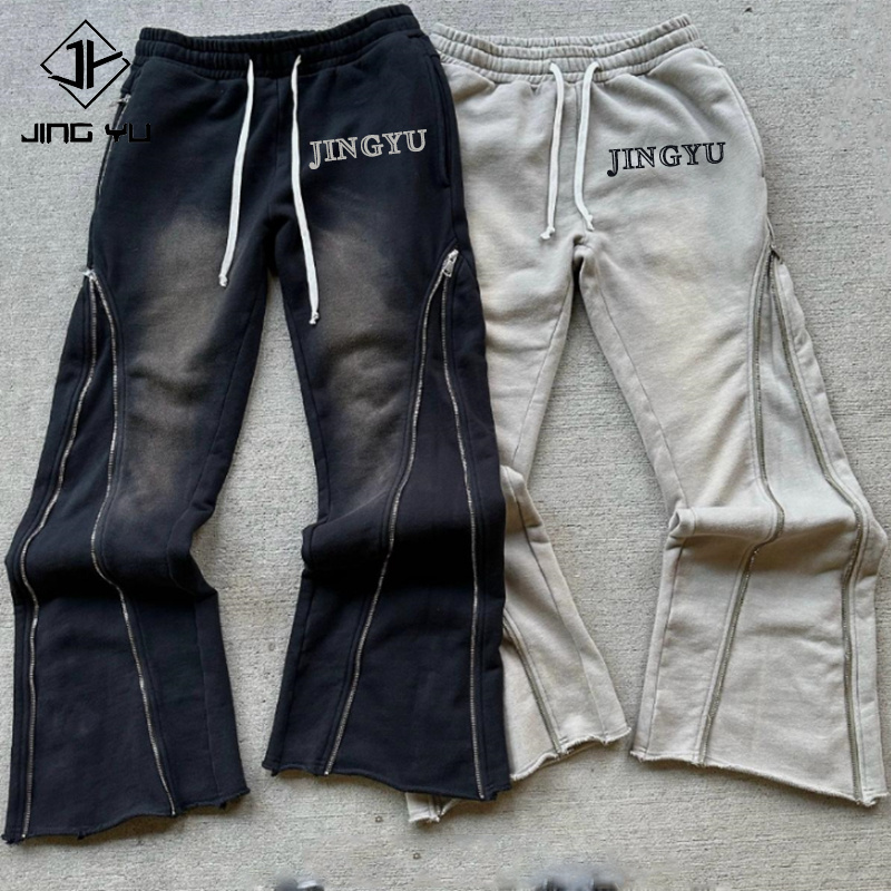 Wholesale custom acid washed casual mens pants jogger cut and sew vintage distressed zipper open leg blank flare men sweatpants