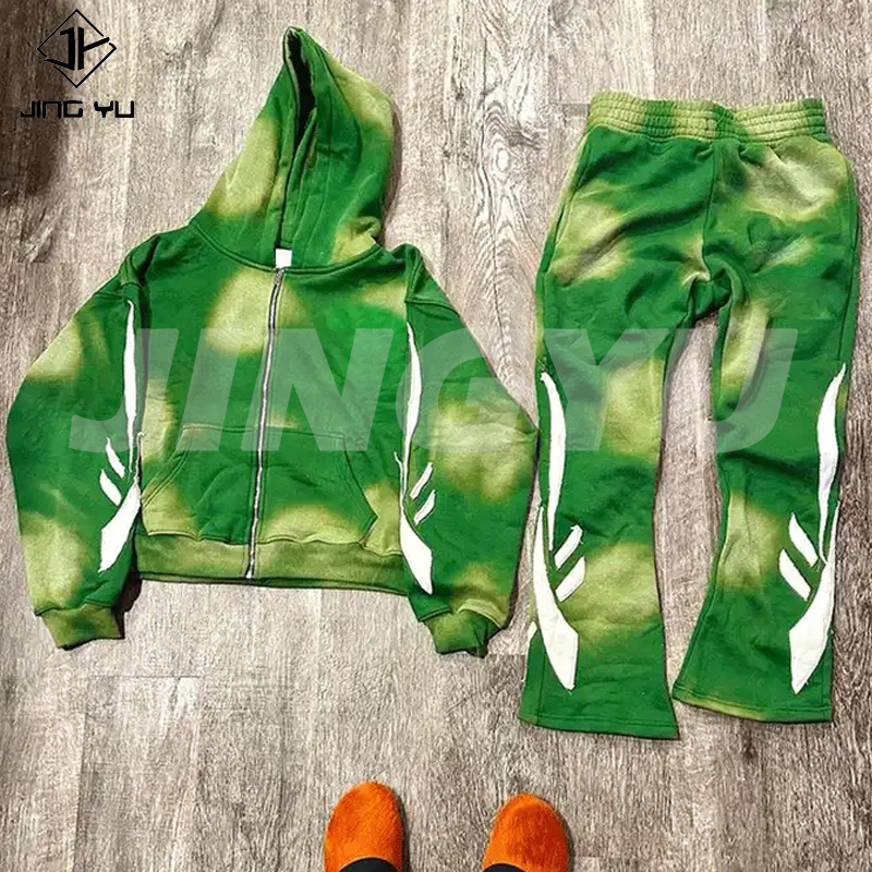 400 Gsm mens track suit sets custom vintage stacked sweatsuits flare acid wash sweat suits sweatpants and hoodie set men