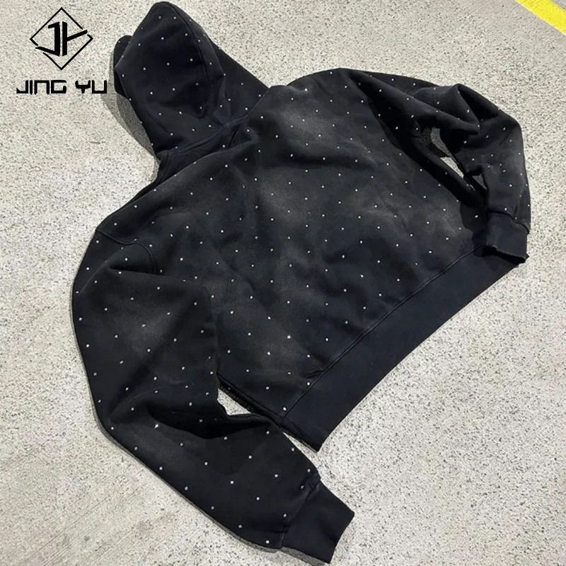 streetwear Cotton 400 Gsm dtg Screen Printed hoodies Vintage Washed Pullover Boxy Fit rhinestone hoodie For men