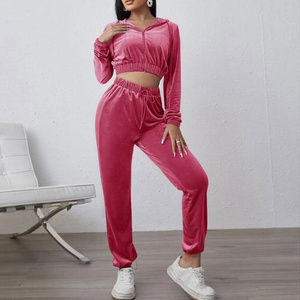 zip up drawstring hoodie sweatpants two piece set pink velvet women sweatsuit wholesale sweat suits