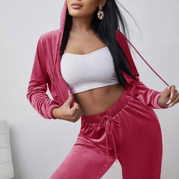 zip up drawstring hoodie sweatpants two piece set pink velvet women sweatsuit wholesale sweat suits