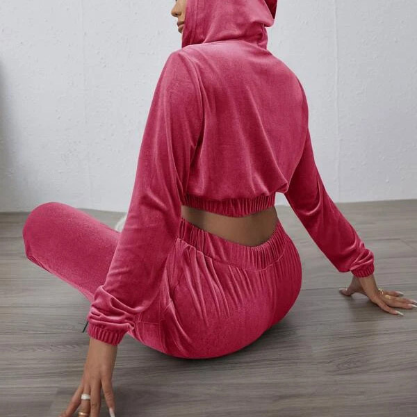 zip up drawstring hoodie sweatpants two piece set pink velvet women sweatsuit wholesale sweat suits