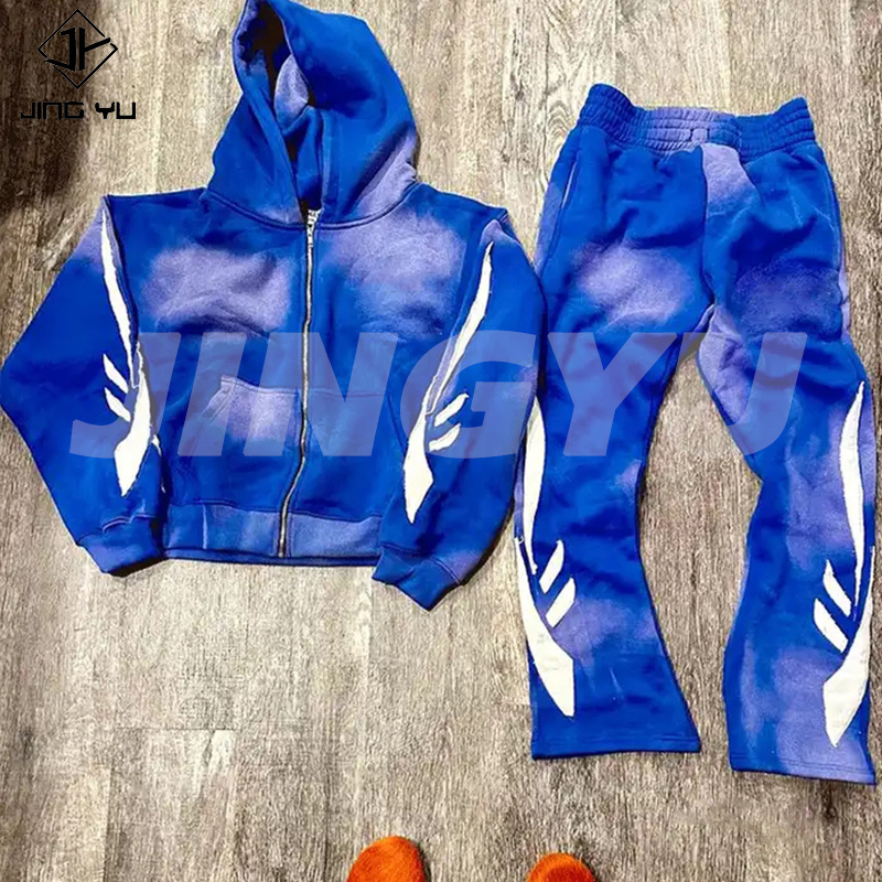 400 Gsm mens track suit sets custom vintage stacked sweatsuits flare acid wash sweat suits sweatpants and hoodie set men