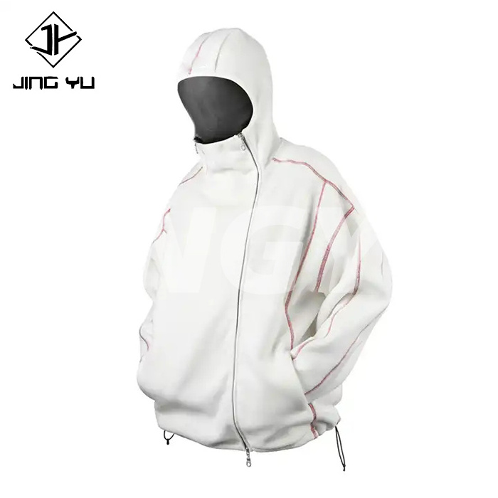 Wholesale oversized thick baggy hoodie bright line loose 500gsm of rocker fleece zipper face hooded hoodie