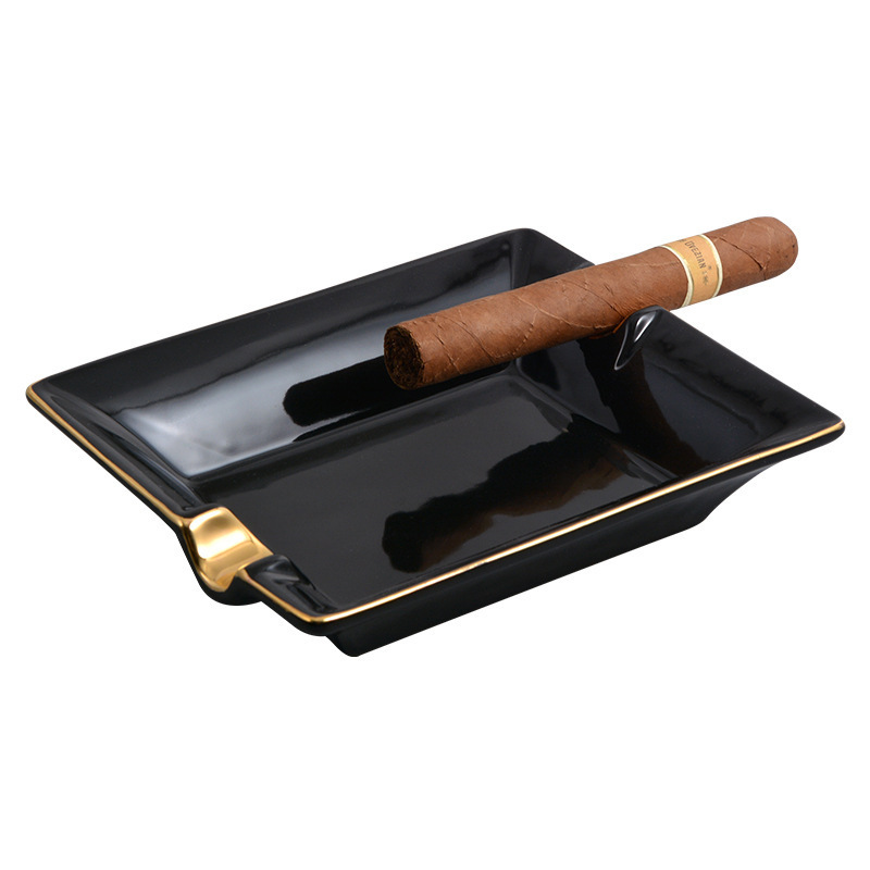 wholesale Rectangle black cigar cigarette custom logo porcelain stoneware hotel office lounge ash tray handmade ceramic ashtray