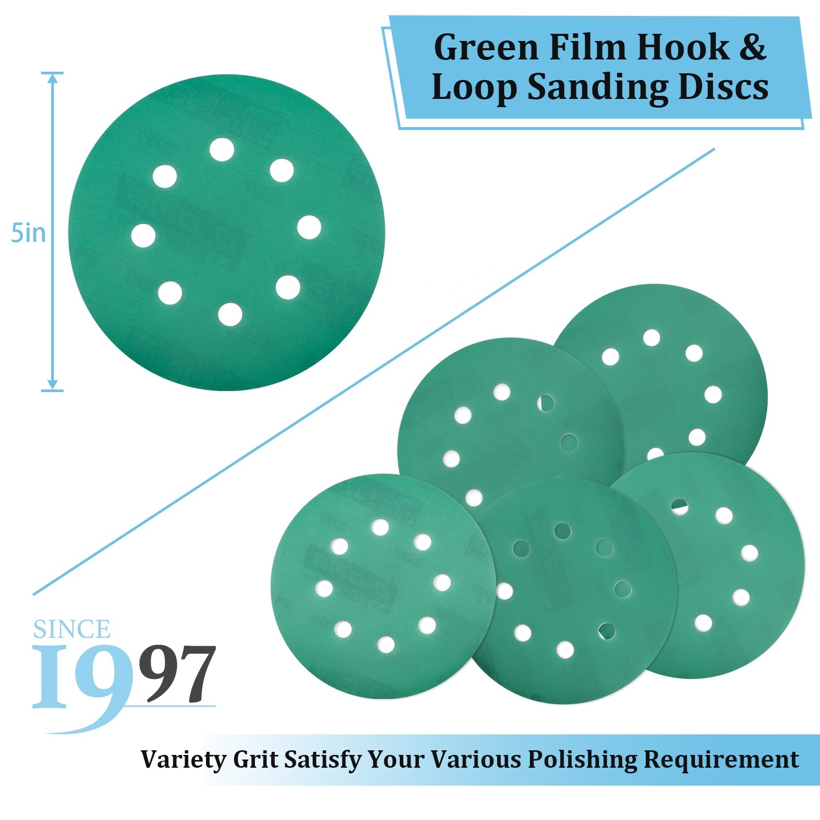 D DMS DIMEISI Q227 Customized 125mm 8Holes Sandpaper Wet and Dry Green Film Abrasive Sanding Discs