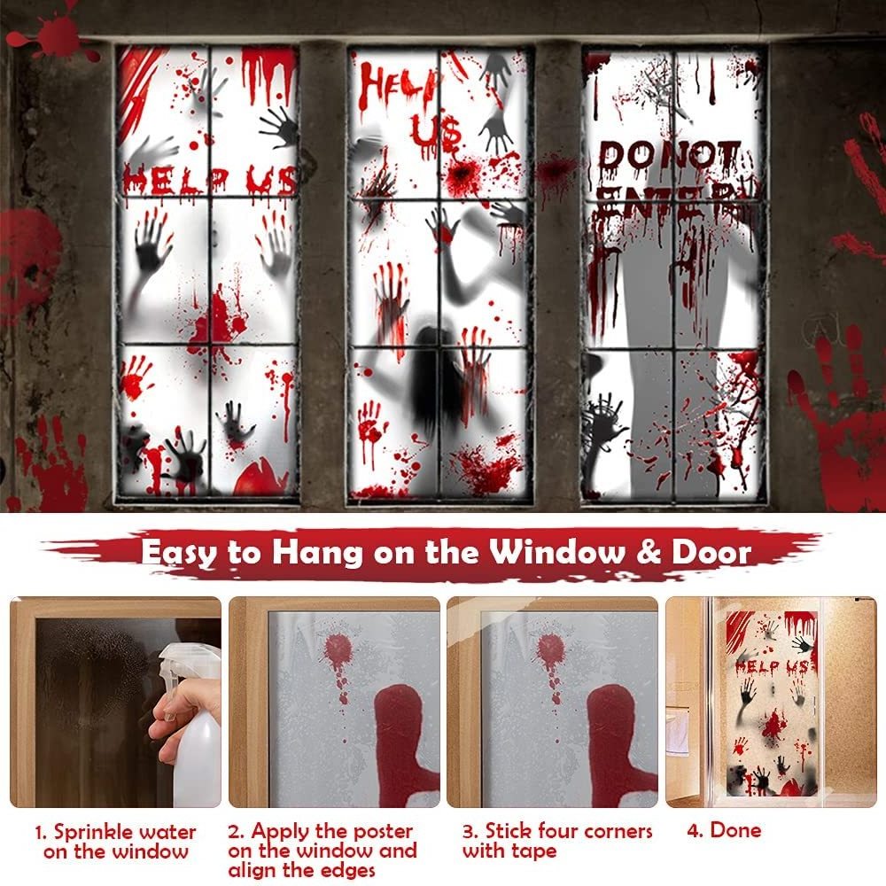 Durable Zombie Bloody Handprints Window Clings Door Cover for Haunted House Halloween Decoration