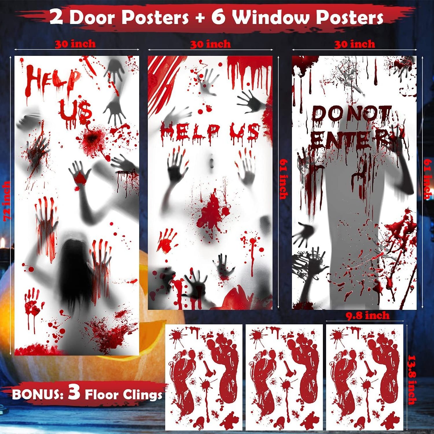 Durable Zombie Bloody Handprints Window Clings Door Cover for Haunted House Halloween Decoration