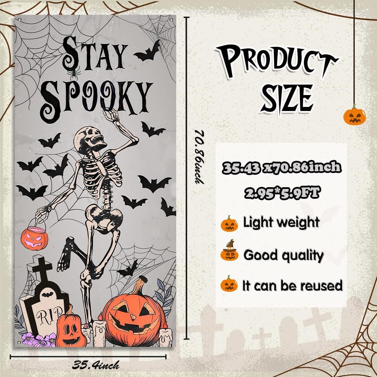 Halloween Door Decorations Stay Spooky Skeleton Banners Bat Pumpkin Halloween Front Door Cover for Halloween Party Supplies