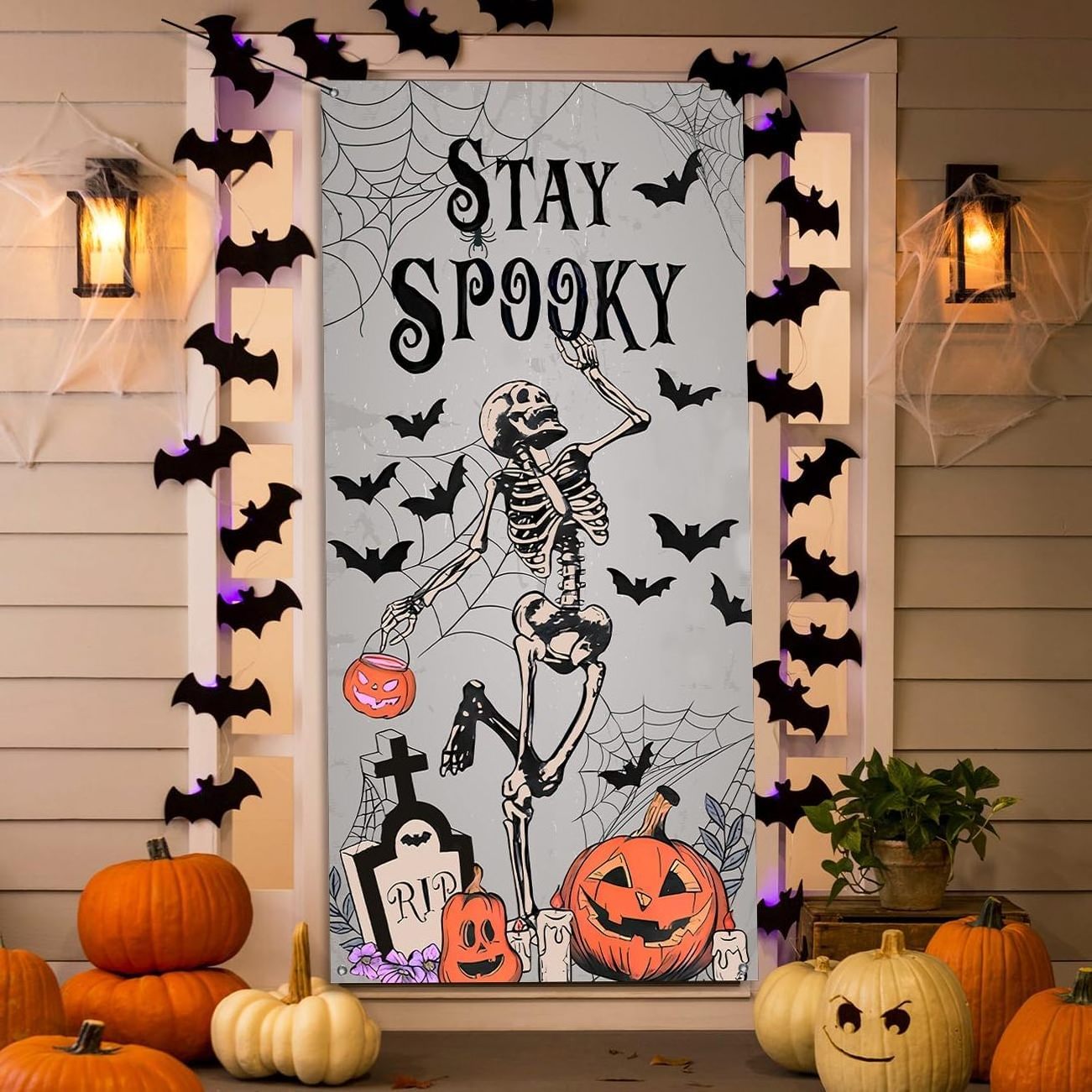 Halloween Door Decorations Stay Spooky Skeleton Banners Bat Pumpkin Halloween Front Door Cover for Halloween Party Supplies