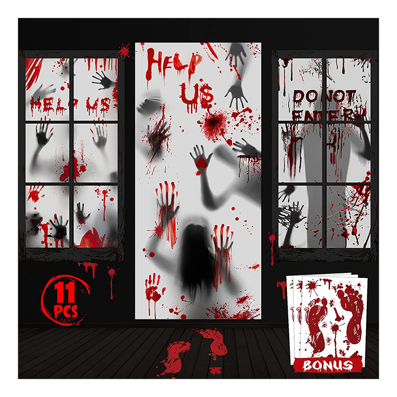 Durable Zombie Bloody Handprints Window Clings Door Cover for Haunted House Halloween Decoration