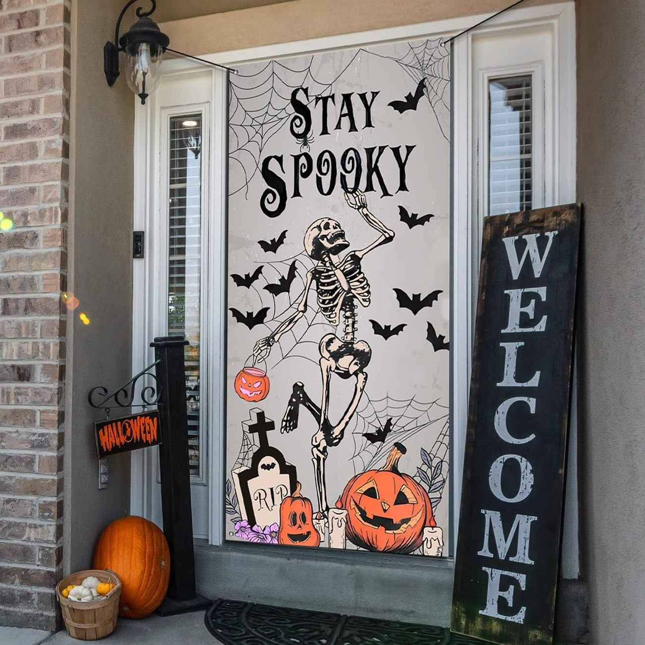 Halloween Door Decorations Stay Spooky Skeleton Banners Bat Pumpkin Halloween Front Door Cover for Halloween Party Supplies