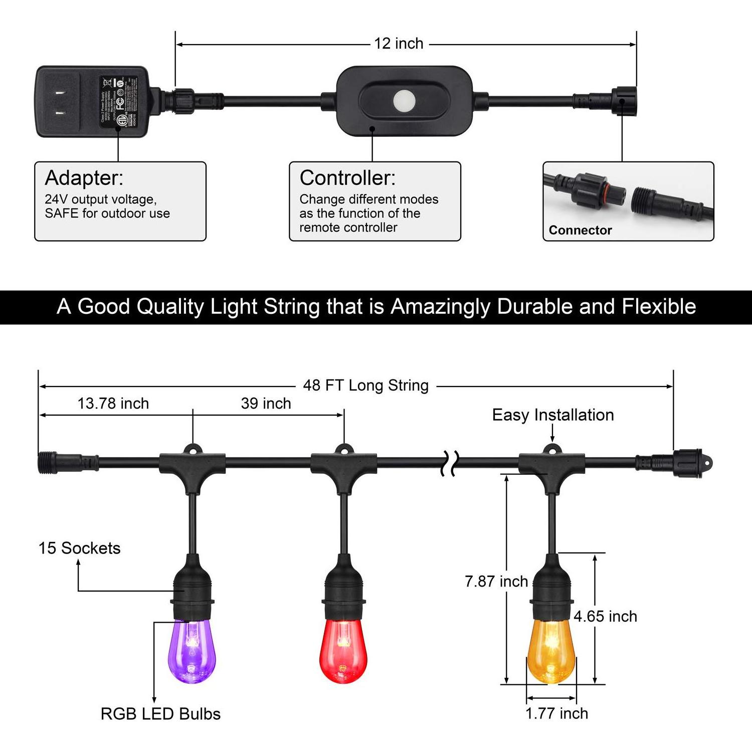 Hanging 48FT Color Changing Remote Control Outdoor 16 Color LED String Lights