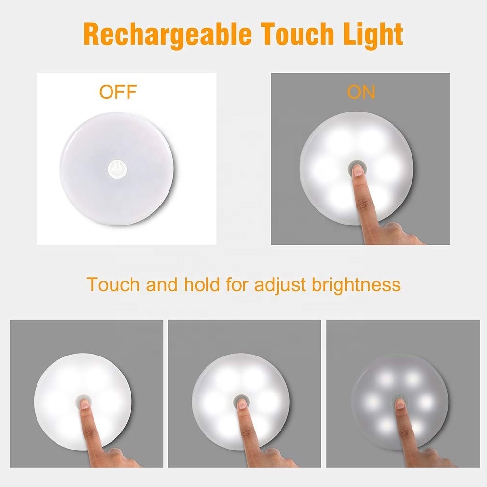 6 Leds Round Shape Rechargeable Led Small Touch Night Light With USB Cable