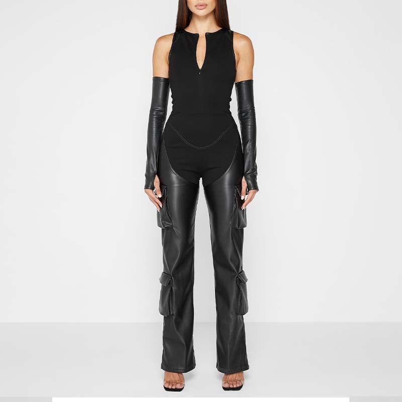 Detached Sleeves Bandage Vegan Leather Wholesale Racer Neck Fashion Cargo Pocket Zipper Black Sexy Rompers Women Jumpsuit