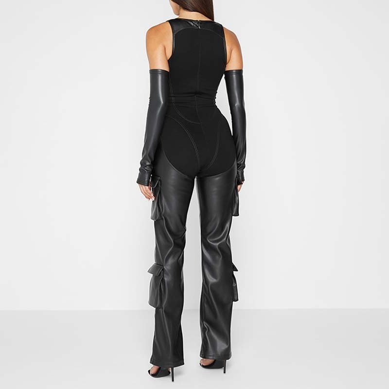 Detached Sleeves Bandage Vegan Leather Wholesale Racer Neck Fashion Cargo Pocket Zipper Black Sexy Rompers Women Jumpsuit