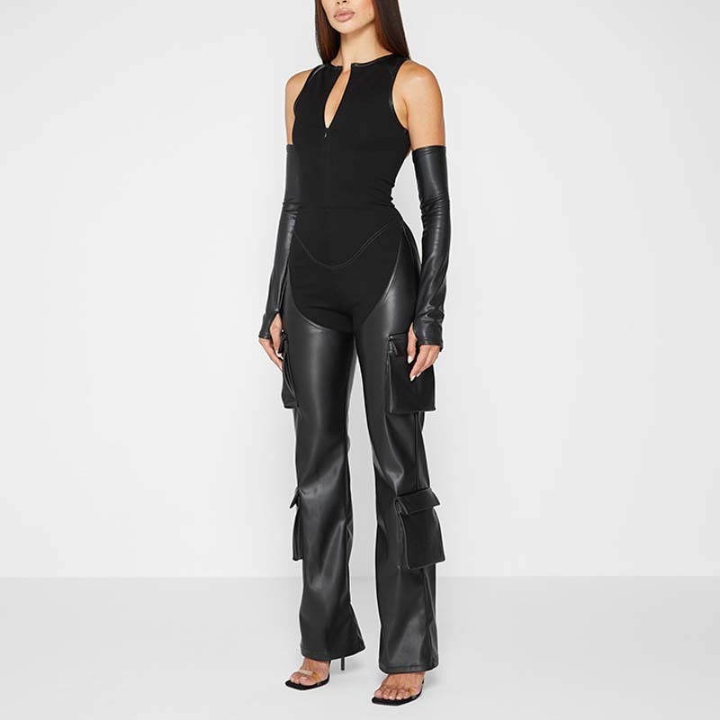 Detached Sleeves Bandage Vegan Leather Wholesale Racer Neck Fashion Cargo Pocket Zipper Black Sexy Rompers Women Jumpsuit