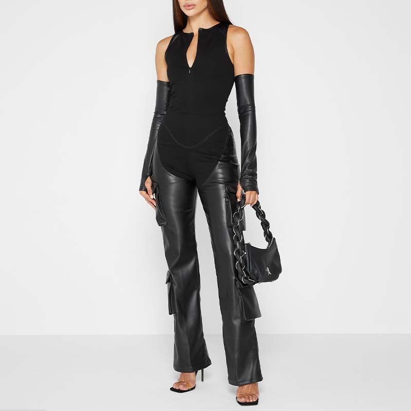 Detached Sleeves Bandage Vegan Leather Wholesale Racer Neck Fashion Cargo Pocket Zipper Black Sexy Rompers Women Jumpsuit