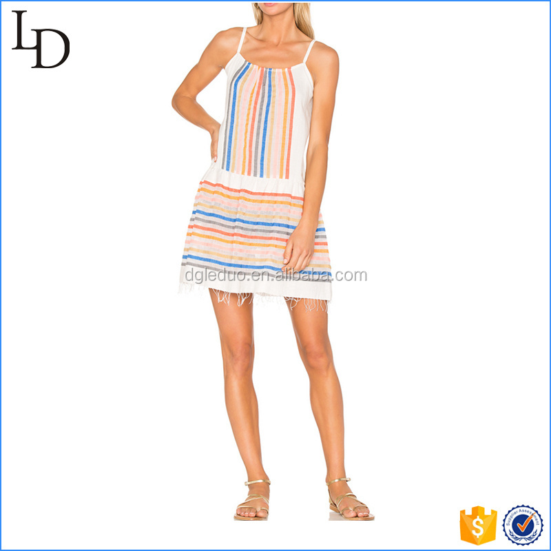 Striping thailand wholesale clothing dresses with a frayed summer skirt