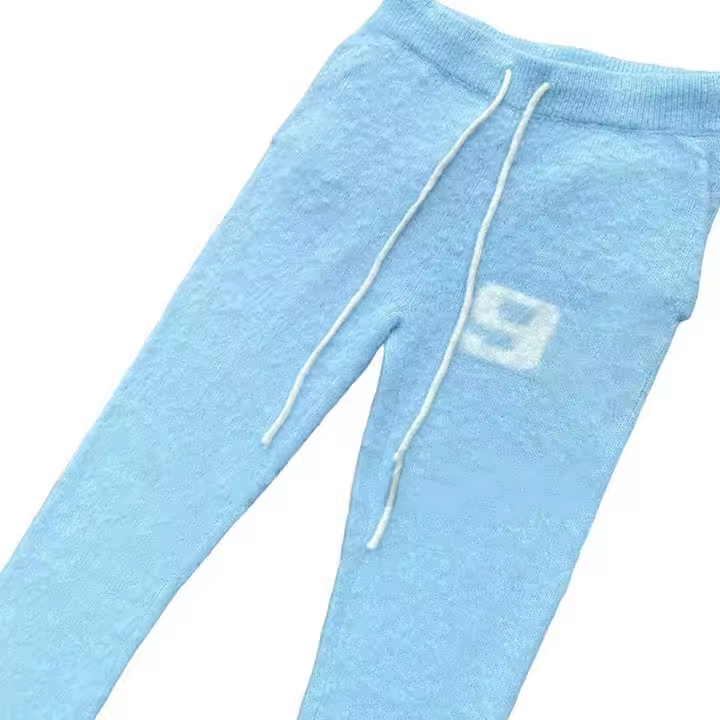 Custom Manufacturer Fluffy Knit Sky Blue Mohair Pants For Men Fluffy Stacked Flare Sweatpants Men's