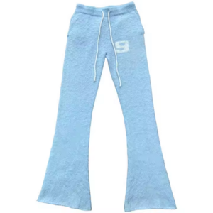 Custom Manufacturer Fluffy Knit Sky Blue Mohair Pants For Men Fluffy Stacked Flare Sweatpants Men's