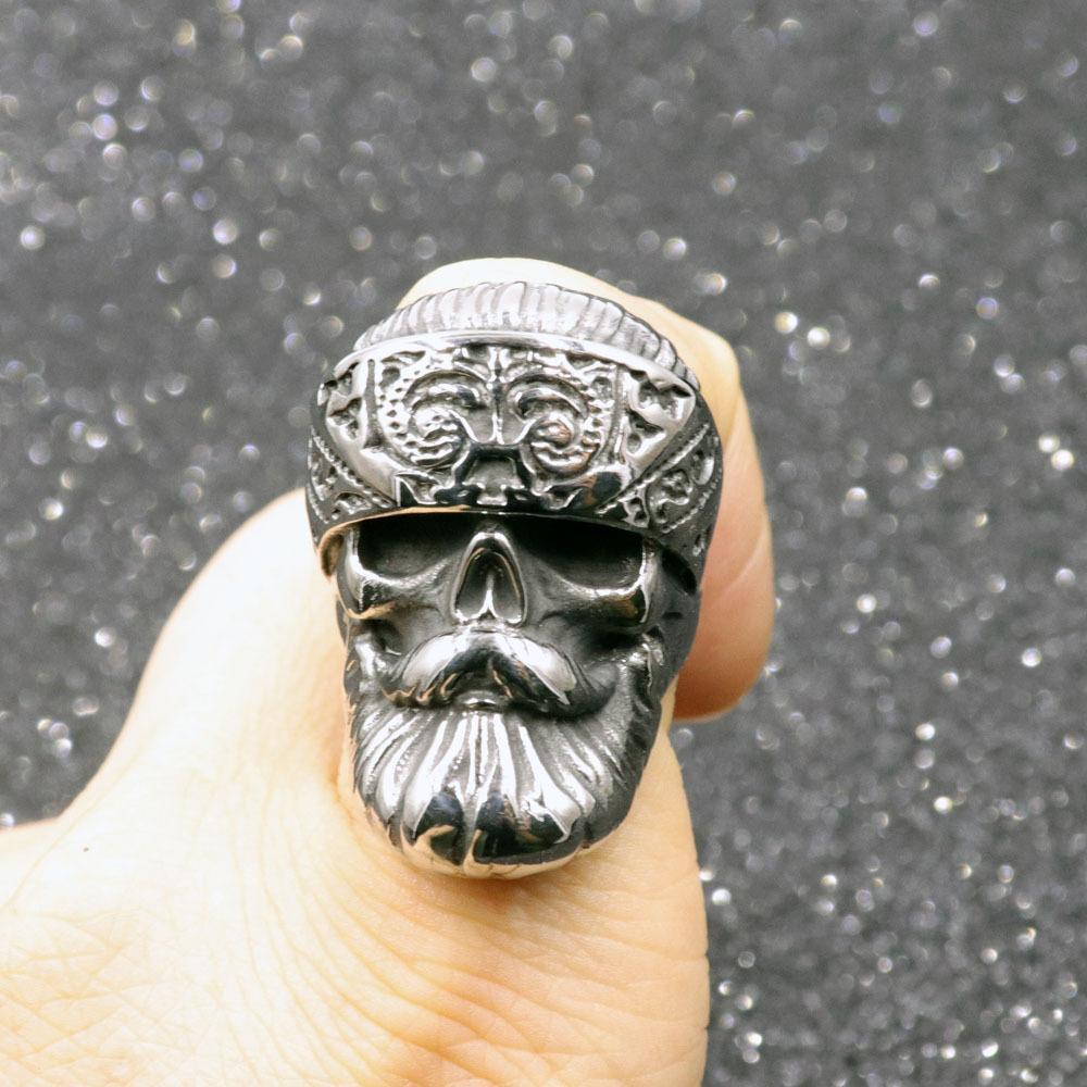 Mens Stainless Steel Gangster Big Beard Skull Hippie Rings Punk Hip Hop MC Old Man Biker Beard Skull party band Ring