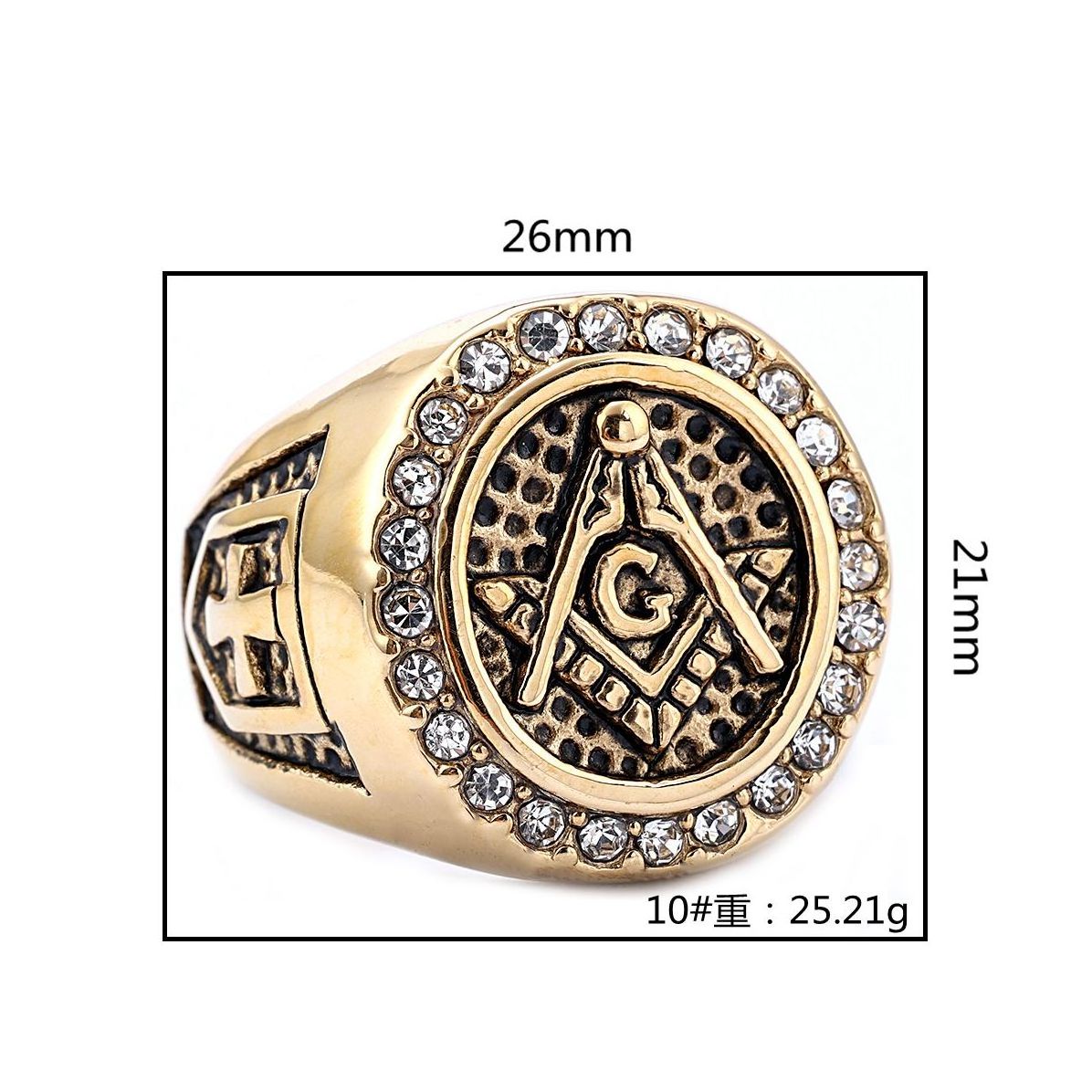 Gold Plated Vintage Zircon Diamonds Freemason Masonry Men Ring Stainless Steel Jewelry Master Masonic Stone Signet Ring For Men